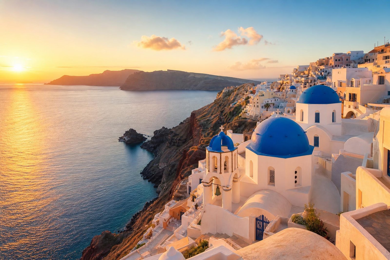 Vista panorâmica de Santorini, na Grécia, com mar azul-turquesa ao pôr do sol